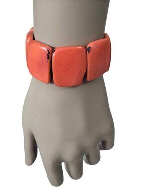 Dark Salmon Pink Beaded Boho Tagua Stretch Bracelet - OS